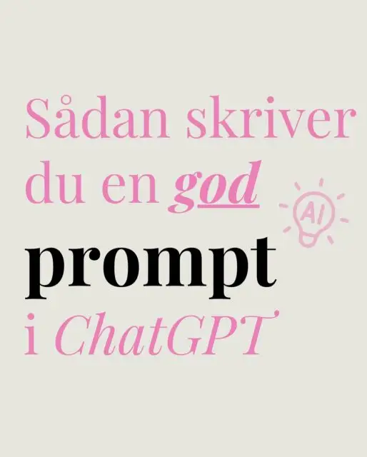 Nøglen til at få succes med ChatGPT? 🔑
At forstå hvordan maskinen arbejder, og lære at skrive en god prompt.

Og det er præcis hvad vi hjælper dig med i dette opslag! Så swipe dig igennem karrussellen og bliv klogere!

Bonus info: Dette opslag er IKKE skrevet ved hjælp af Chat GPT (og det er sandheden!). 

Fortæl os lige i kommentarsporet:
Bruger du Chat GPT til dit arbejde? Hvorfor/hvorfor ikke? 👇🏼